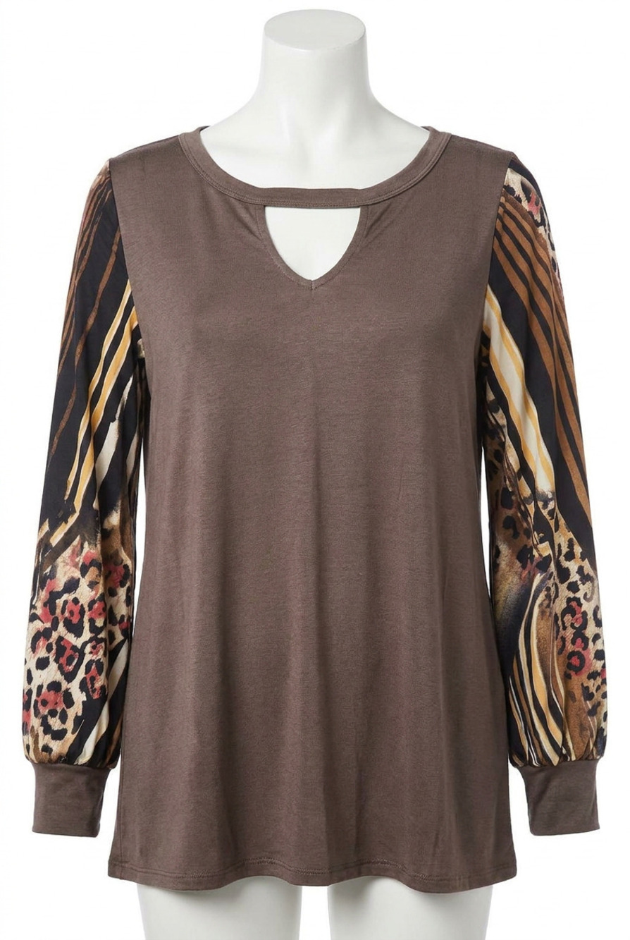 NEW PROMESA striped & leopard keyhole top in brown